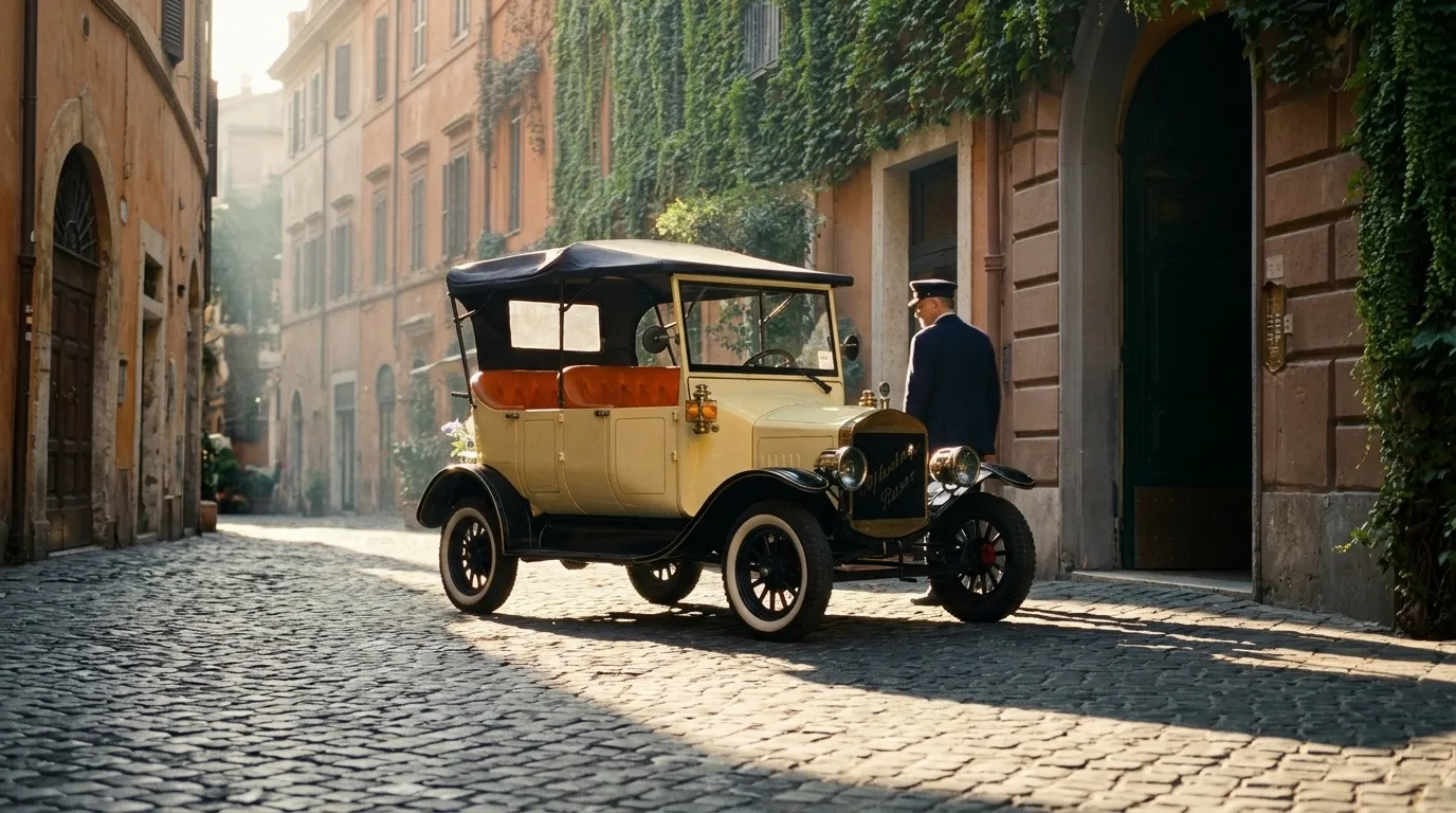 The cream Model T waiting in a sunlit cobbled street, the chauffeur beside it