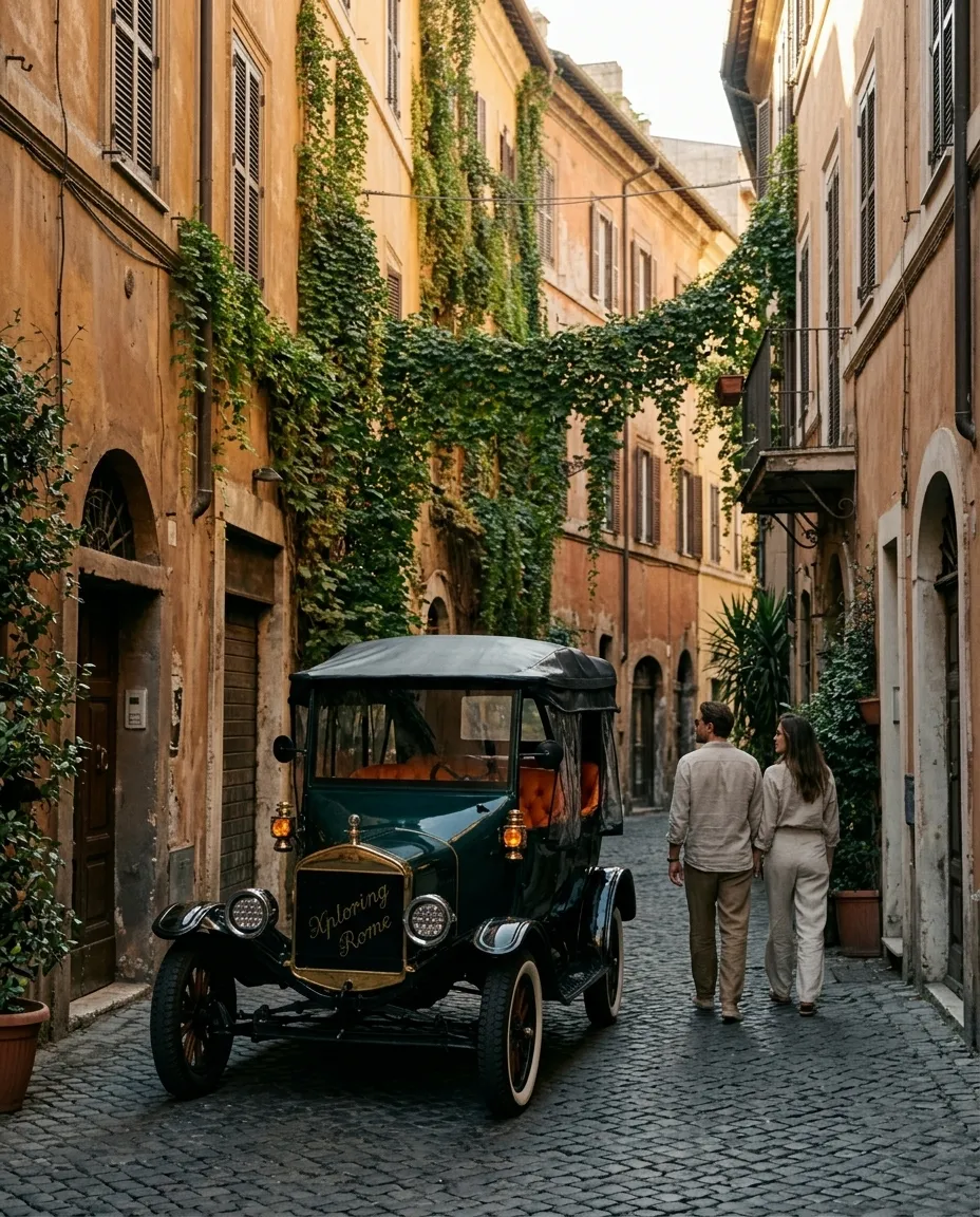 The green Model T parked in an ivy-covered street, a couple walking towards it