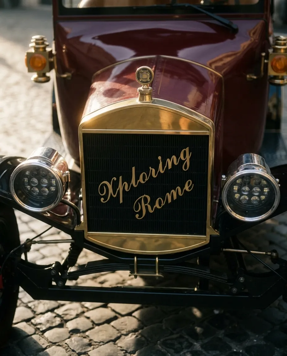 The brass radiator of the bordeaux Model T with "Xploring Rome" in gold script