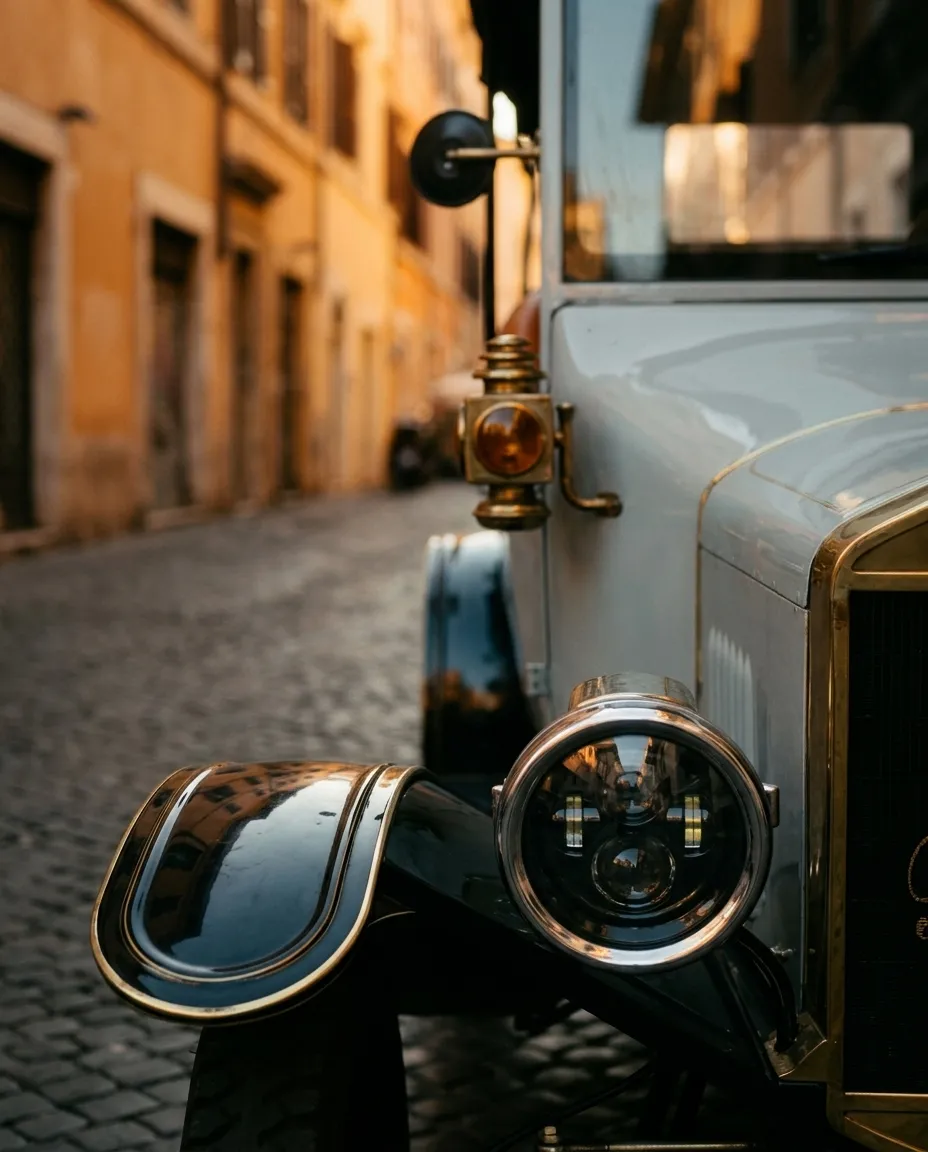The chrome LED headlamp and brass side lamp of the grey Model T