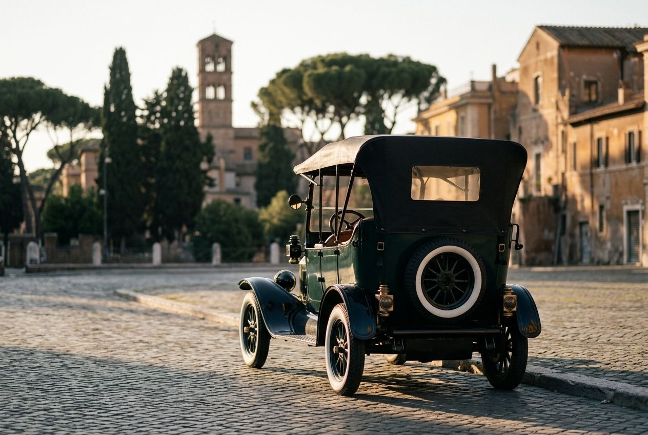 The green Model T at the edge of a quiet Roman piazza at golden hour