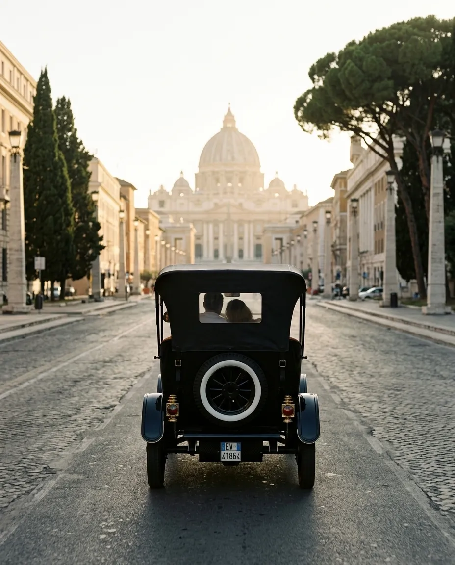 The black Model T driving towards St. Peter's at sunrise, seen from behind