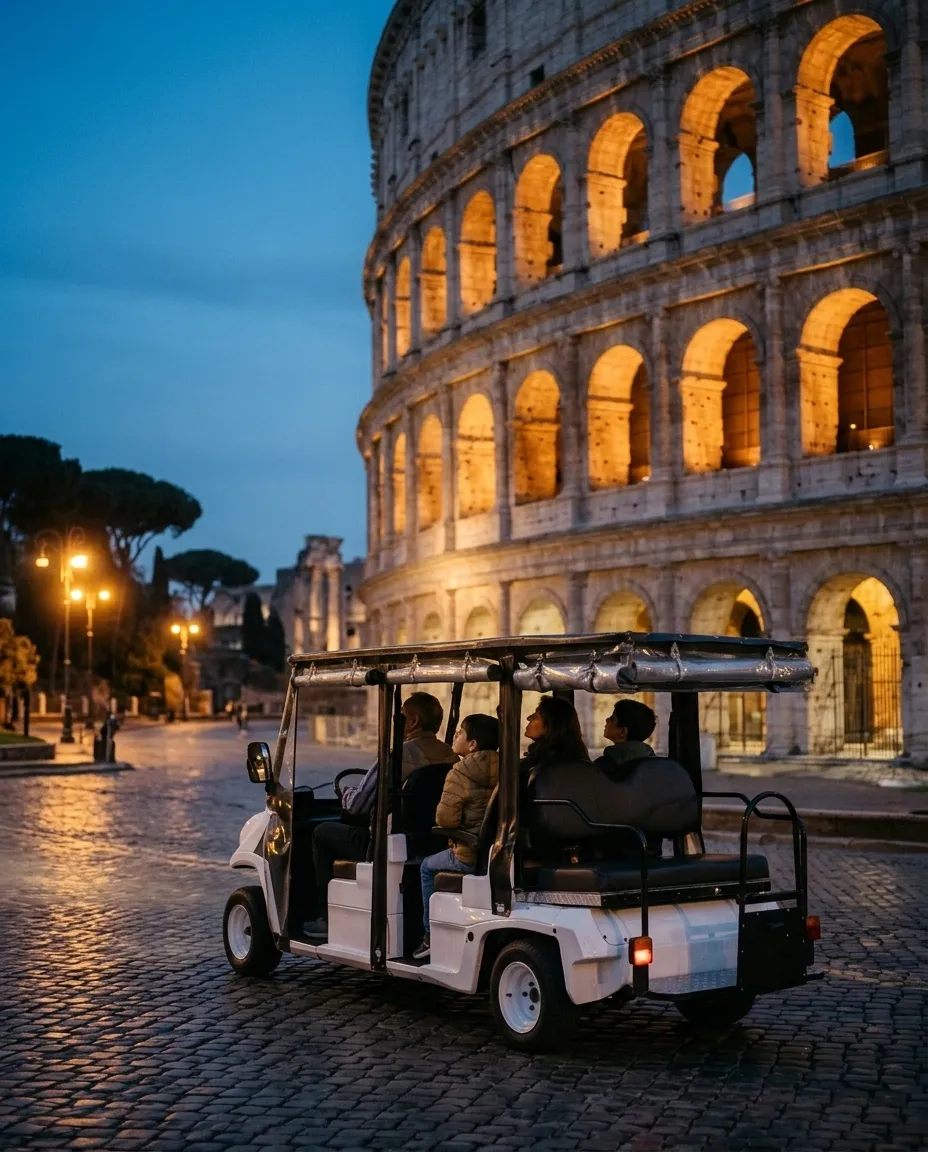 The golf cart in front of the Colosseum at blue hour