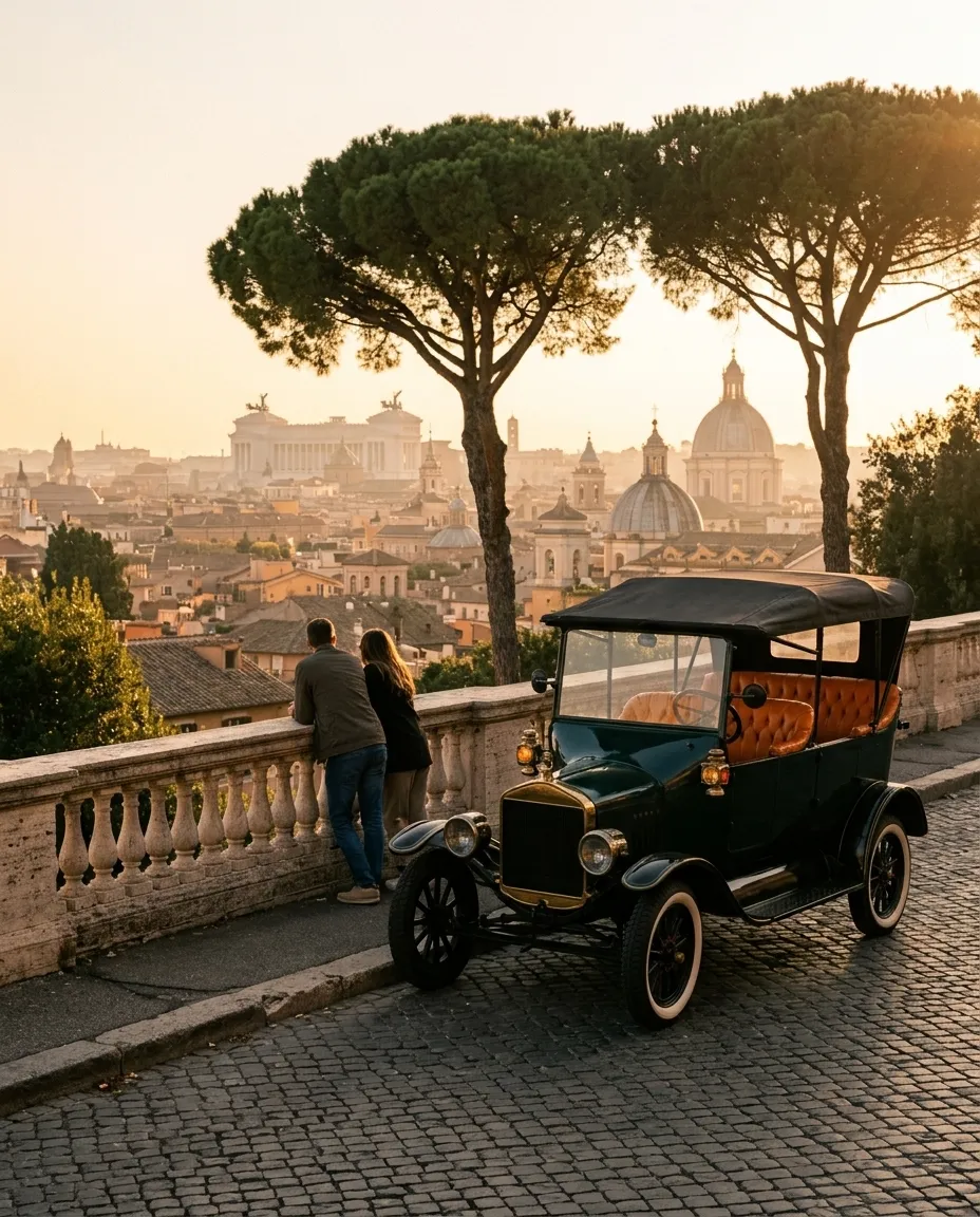 The view from the Janiculum terrace at sunset, the green Model T parked by the balustrade