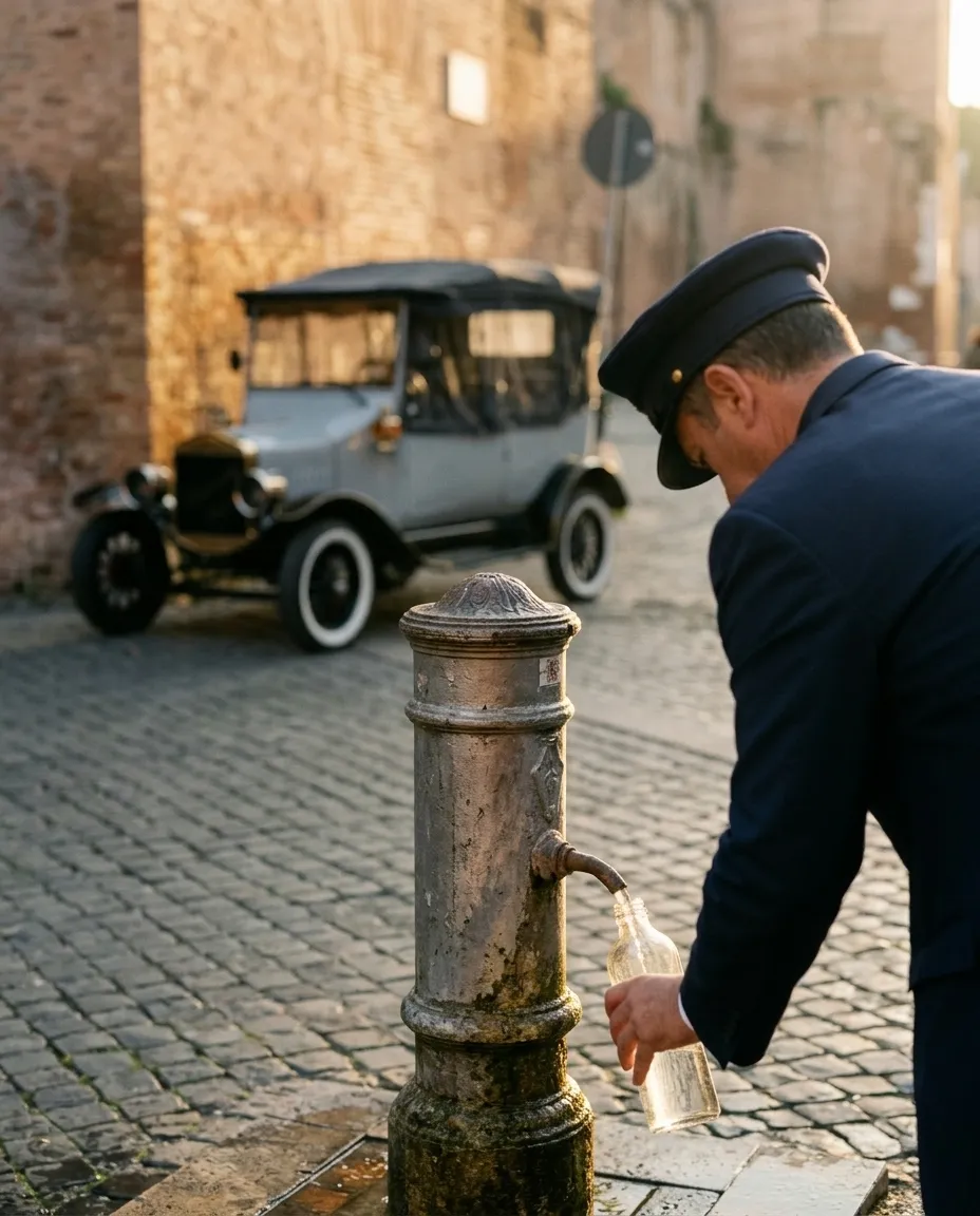 Our driver filling a bottle at a Roman nasone, the grey Model T behind