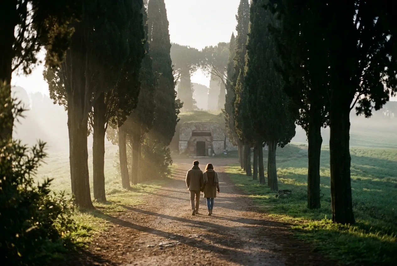 An avenue of cypresses leading to the entrance of a catacomb in the morning mist