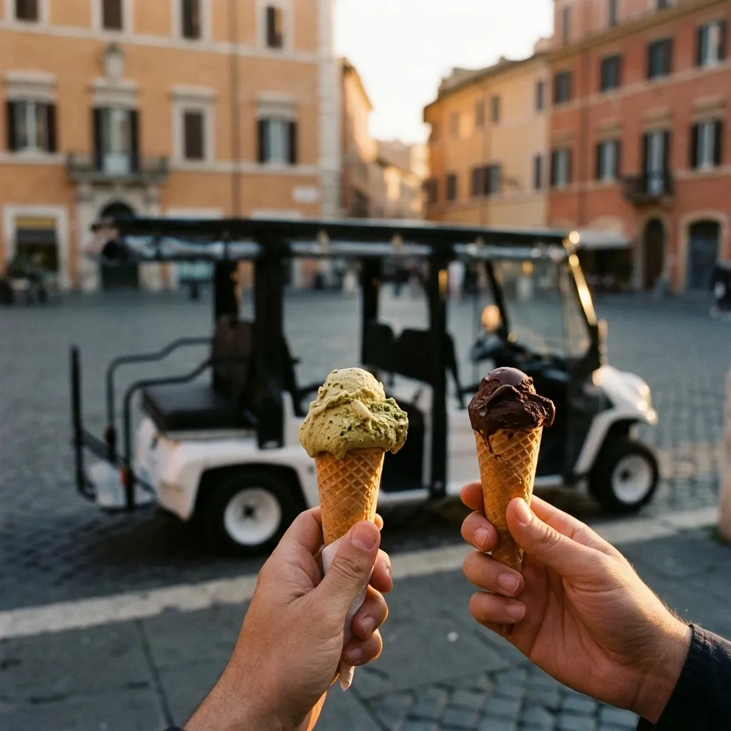 Two gelato cones in warm evening light, the golf cart out of focus behind