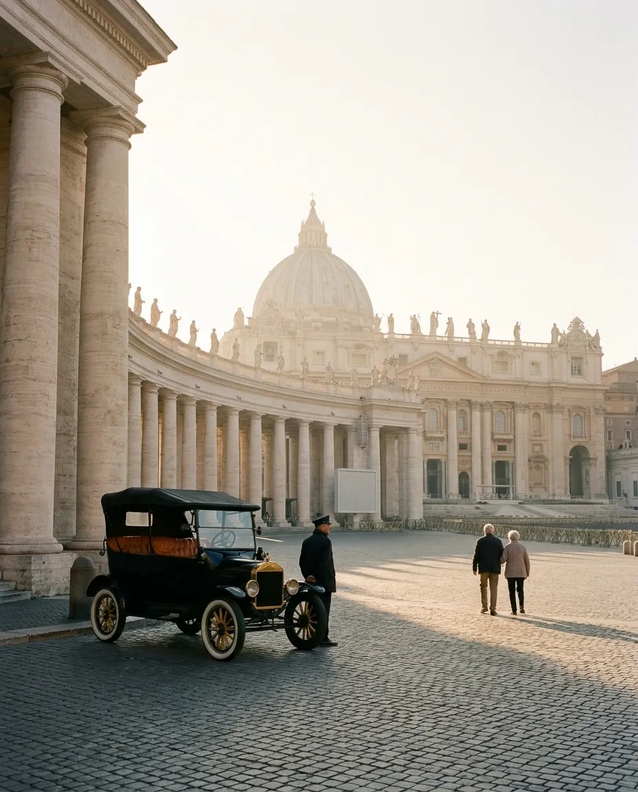 St. Peter's Square in the morning, the black Model T waiting by the colonnade