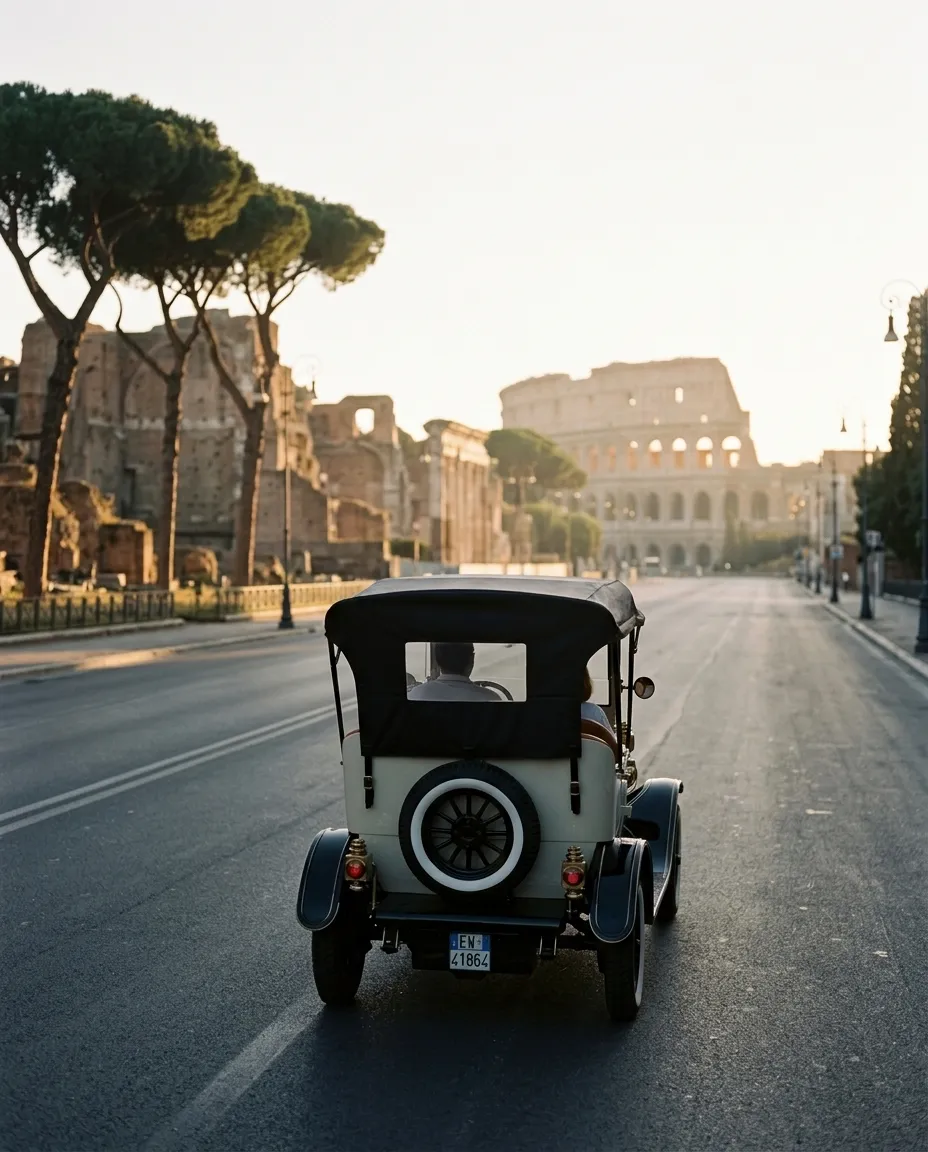 The cream Model T seen from behind on an empty avenue, the Colosseum far ahead in soft light