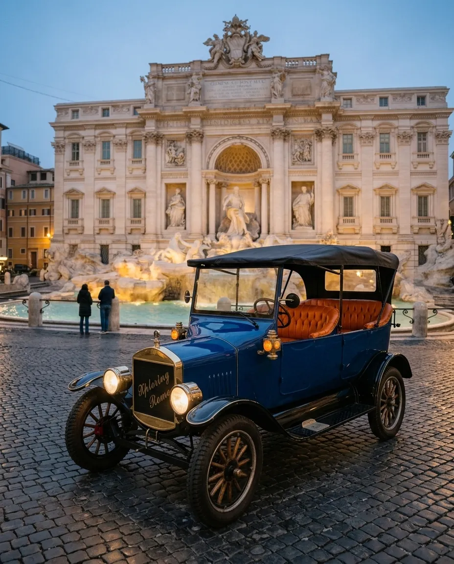 The blue Model T with its headlamps on at the Trevi Fountain at blue hour, the fountain lit up behind