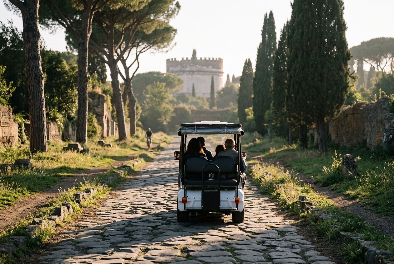The white golf cart on the ancient paving of the Appian Way in the late afternoon, the tomb of Cecilia Metella ahead
