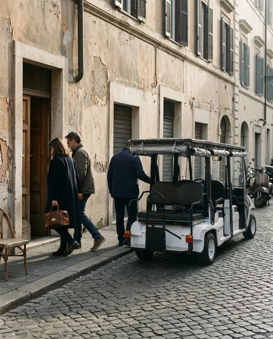 The white golf cart waiting by a wooden doorway in a narrow Roman street, the driver helping a couple on board