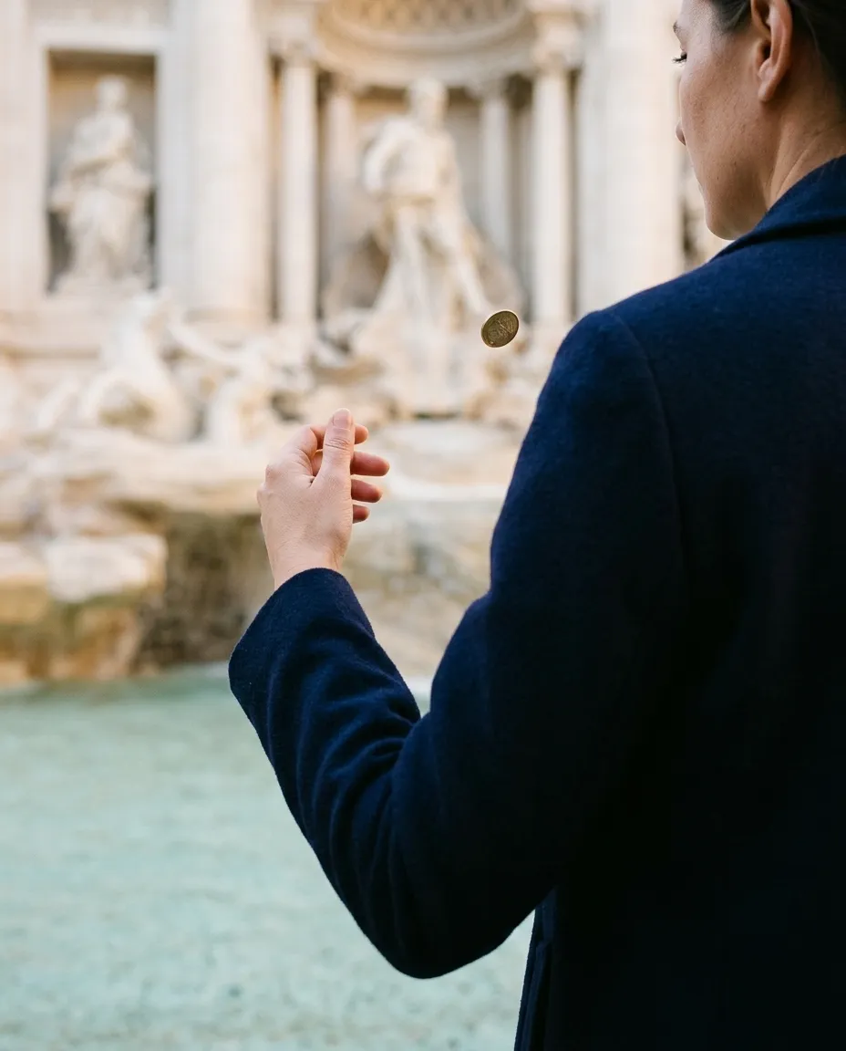 A hand tossing a coin backwards over the shoulder towards the Trevi Fountain