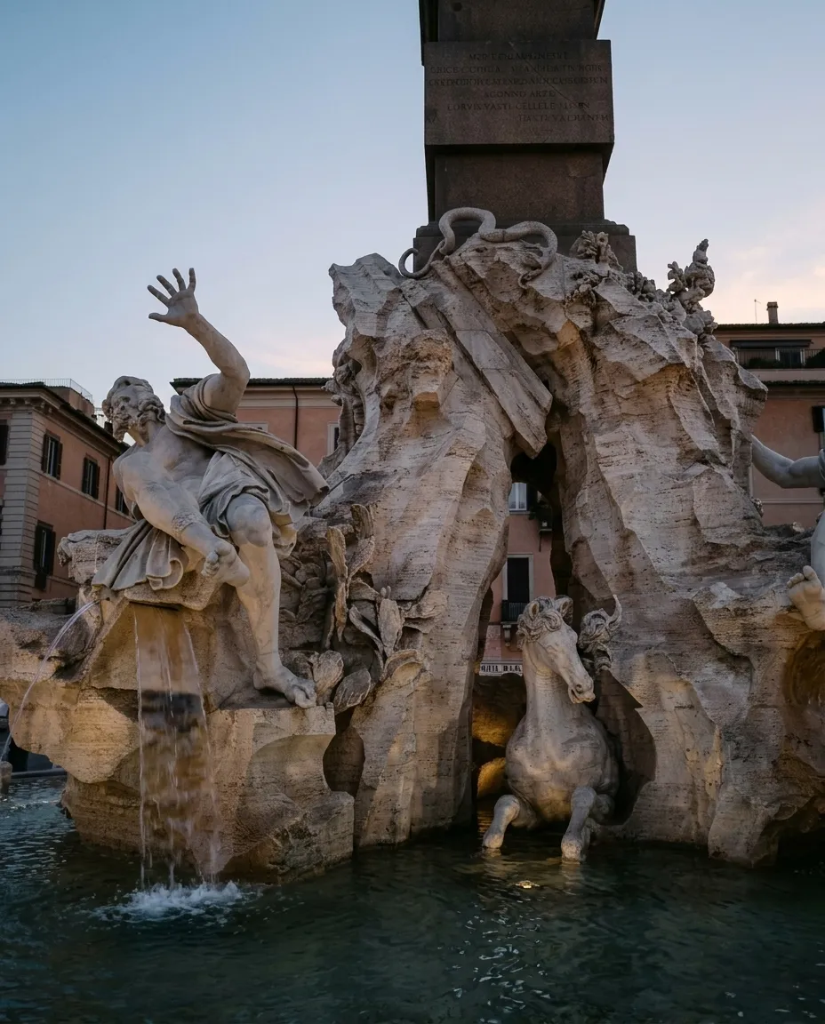 La statua del Rio della Plata sulla Fontana dei Quattro Fiumi, un braccio alzato