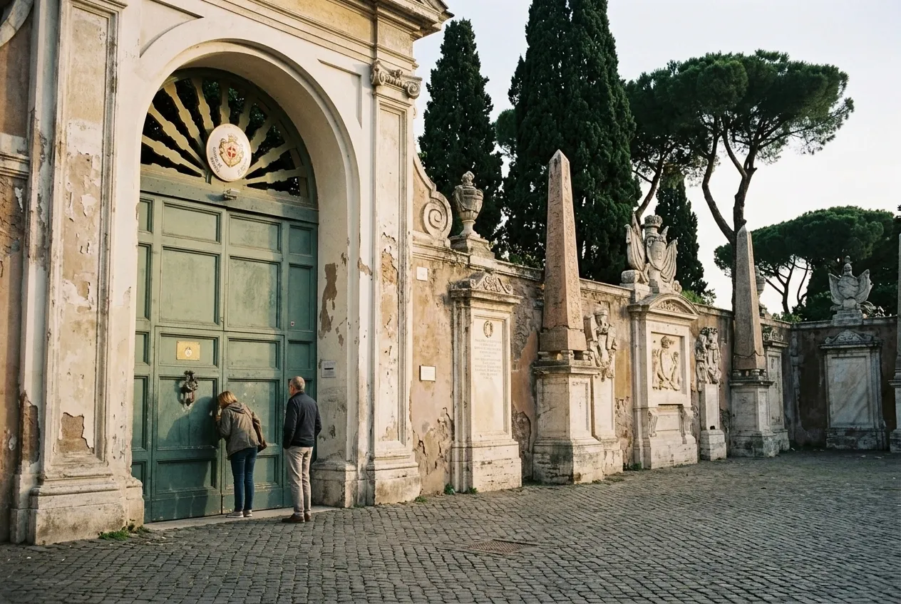 The green door of the Priory of the Knights of Malta on the Aventine, a couple waiting to look through the keyhole