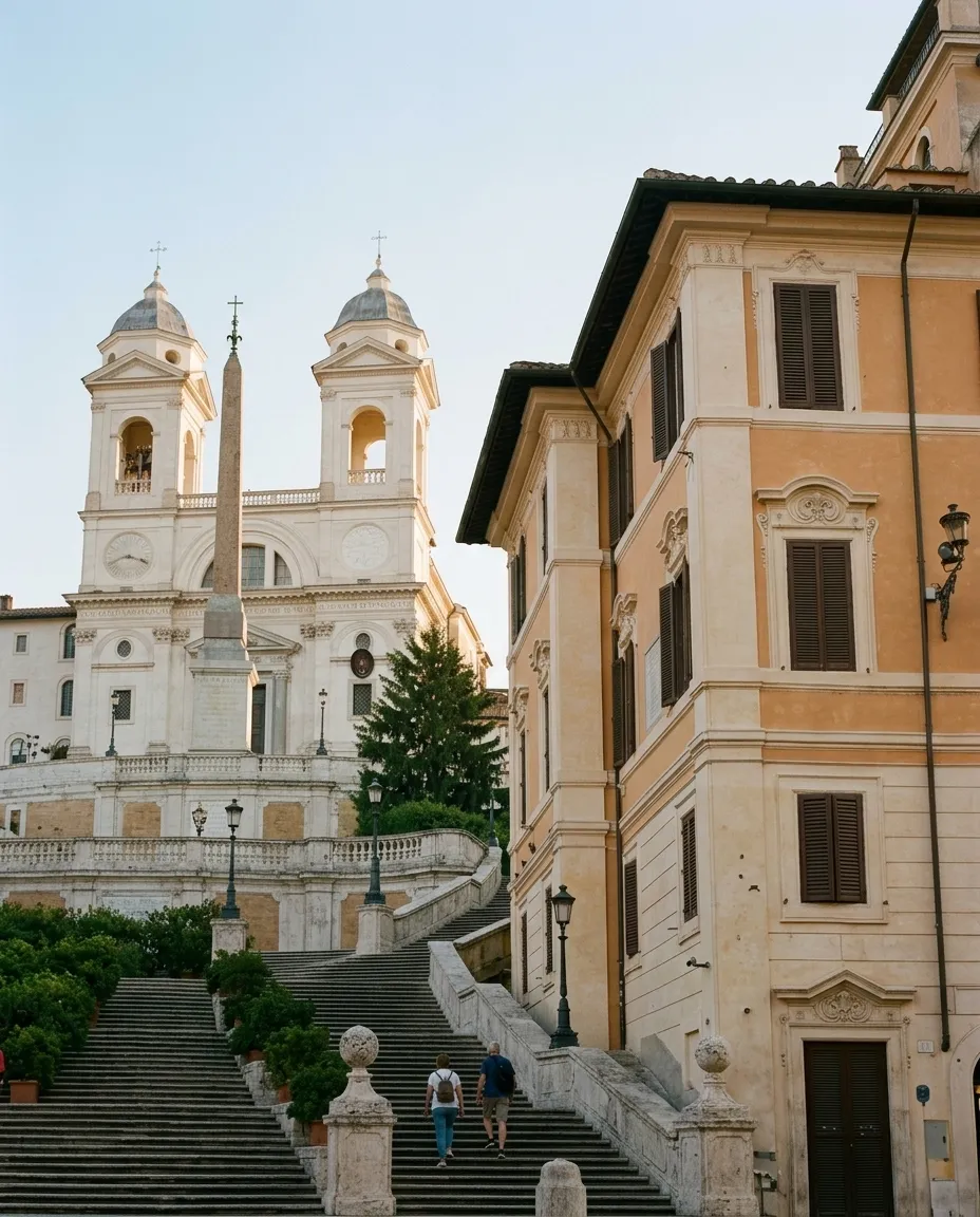 The ochre house at the right of the Spanish Steps where John Keats died in 1821