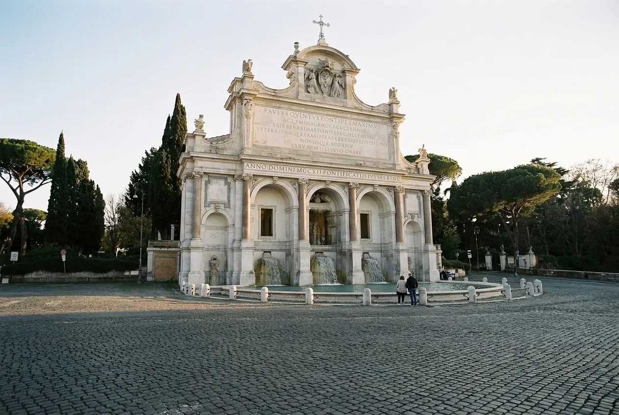 The Fontana dell'Acqua Paola on the Janiculum in late afternoon light, water pouring into the wide basin