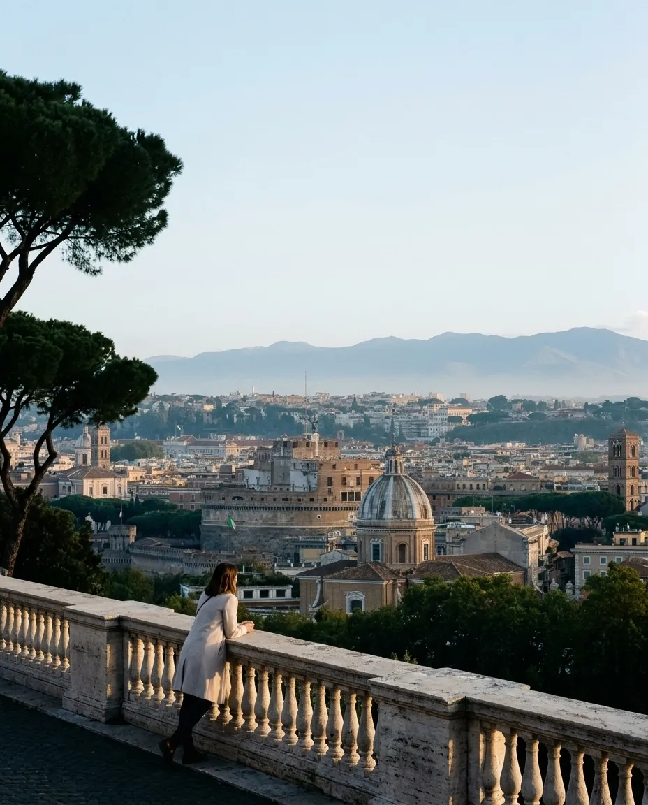 The domes and rooftops of Rome seen from the balustrade of the Janiculum terrace at dawn