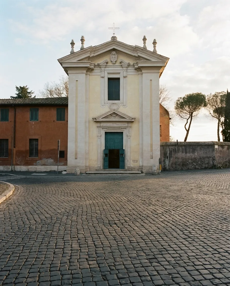 The small white church of Domine Quo Vadis at the fork of the Appian Way in the morning